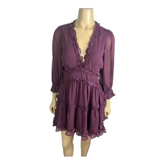 VICI Georgie Ruffle Tiered Mini Dress Deep V Purple Print Open Back NWT Sz S - Picture 2 of 13